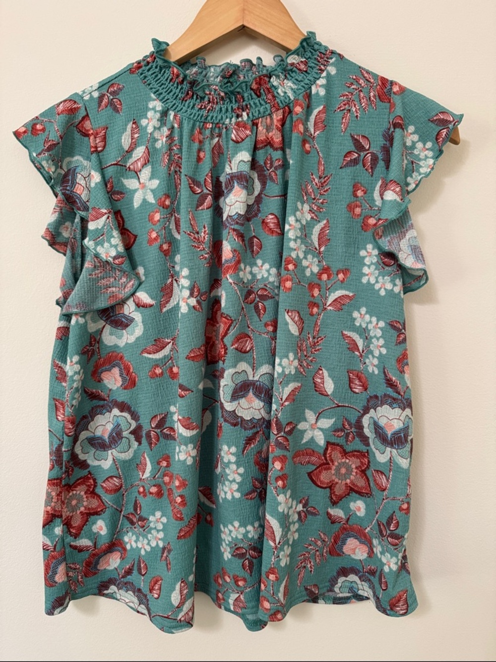 MELLODAY Teal Floral Ruffle Sleeve Blouse